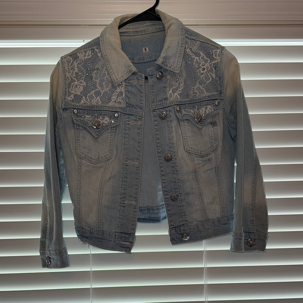 Miss Me Gray Denim Jacket with Lace Detail